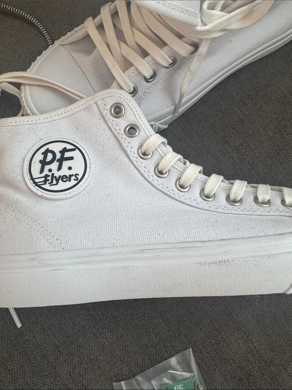 P.F. Flyers White High-Top Canvas Sneakers with Green Laces